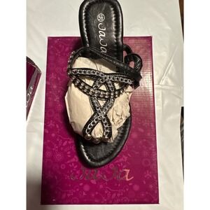 Ja Ja Black Wedge Sandals 5.5 Rhinestone Chain Embellished Thong Straps